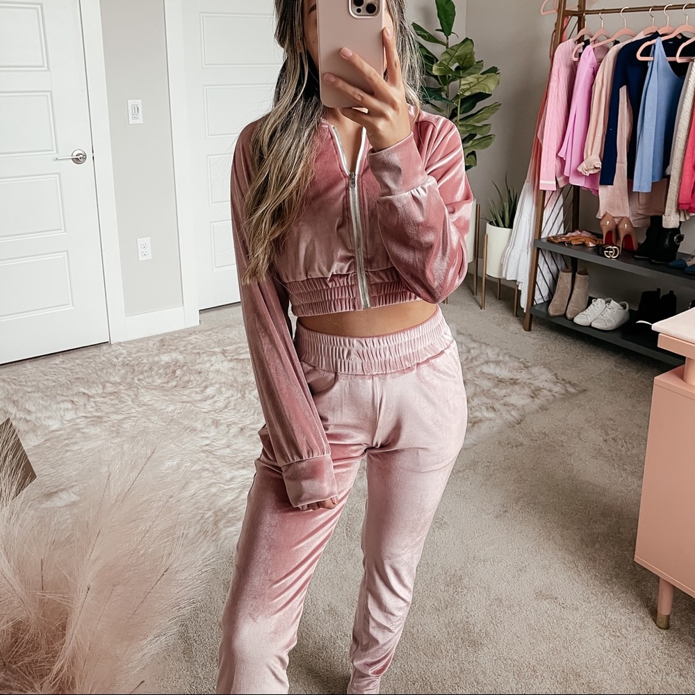 ChicWish Pink Velvet Tracksuit Loungewear Set